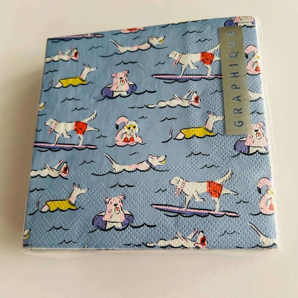 New 40 Graphique Paper Cocktail Napkins Dogs Ocean Surfing Swimmimg - Picture 6 of 16